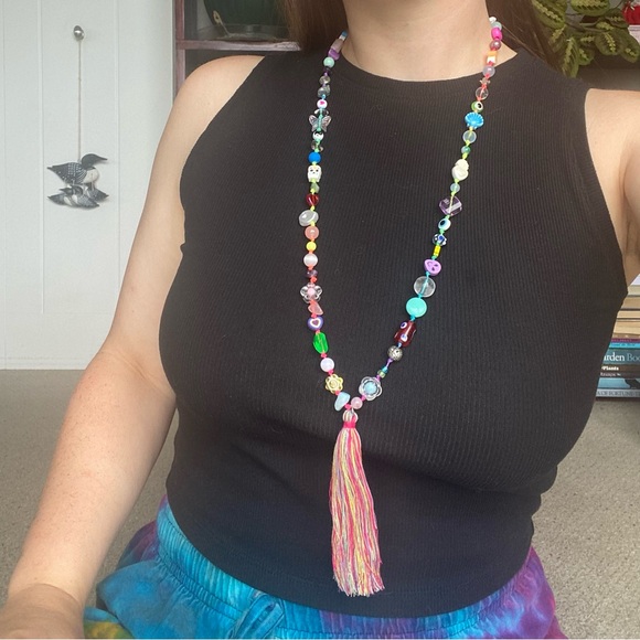 Colorful Beaded Necklace with Tassel Mixed Bead Mala Handmade Heart Flower - Picture 15 of 16